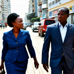 A professional Angolan businesswoman and a businessman, fully clothed in modern, modest business suits, walking and conversing on a bustling street in Luanda, Angola. The background features contemporary city architecture with clear, prominent street signs and shop names written in Portuguese, reflecting the language's dominance in the urban environment. The scene is brightly lit with natural light, showcasing a dynamic, professional atmosphere. Perfect anatomy, correct proportions, natural pose, well-formed hands, proper finger count, natural body proportions, safe for work, appropriate content, fully clothed, professional dress.