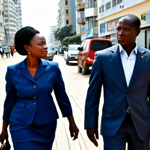 Home 14 A professional Angolan businesswoman and a businessman, fully clothed in modern, modest business suits, walking and conversing on a bustling street in Luanda, Angola. The background features contemporary city architecture with clear, prominent street signs and shop names written in Portuguese, reflecting the language's dominance in the urban environment. The scene is brightly lit with natural light, showcasing a dynamic, professional atmosphere. Perfect anatomy, correct proportions, natural pose, well-formed hands, proper finger count, natural body proportions, safe for work, appropriate content, fully clothed, professional dress.