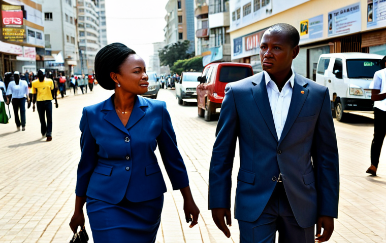 A professional Angolan businesswoman and a businessman, fully clothed in modern, modest business suits, walking and conversing on a bustling street in Luanda, Angola. The background features contemporary city architecture with clear, prominent street signs and shop names written in Portuguese, reflecting the language's dominance in the urban environment. The scene is brightly lit with natural light, showcasing a dynamic, professional atmosphere. Perfect anatomy, correct proportions, natural pose, well-formed hands, proper finger count, natural body proportions, safe for work, appropriate content, fully clothed, professional dress.