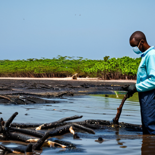 Home 3 앙골라의 환경 문제와 대책 - Oil Spill Impact**
"Angolan coastline showing the devastating effects of an oil spill, fully clothe...