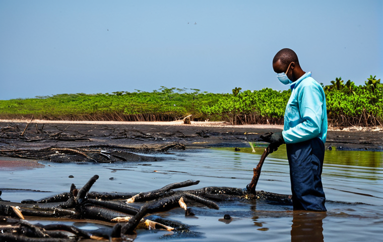 앙골라의 환경 문제와 대책 - Oil Spill Impact**
"Angolan coastline showing the devastating effects of an oil spill, fully clothe...